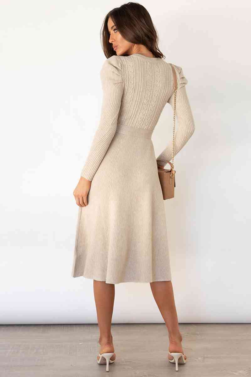 WW | Rundhalsausschnitt Langarm Knoten Taille Pullover Kleid
