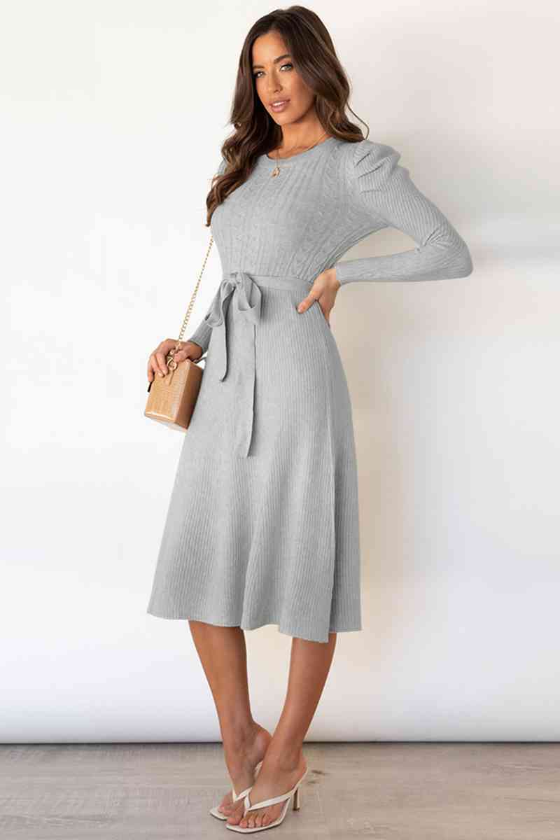 WW | Rundhalsausschnitt Langarm Knoten Taille Pullover Kleid