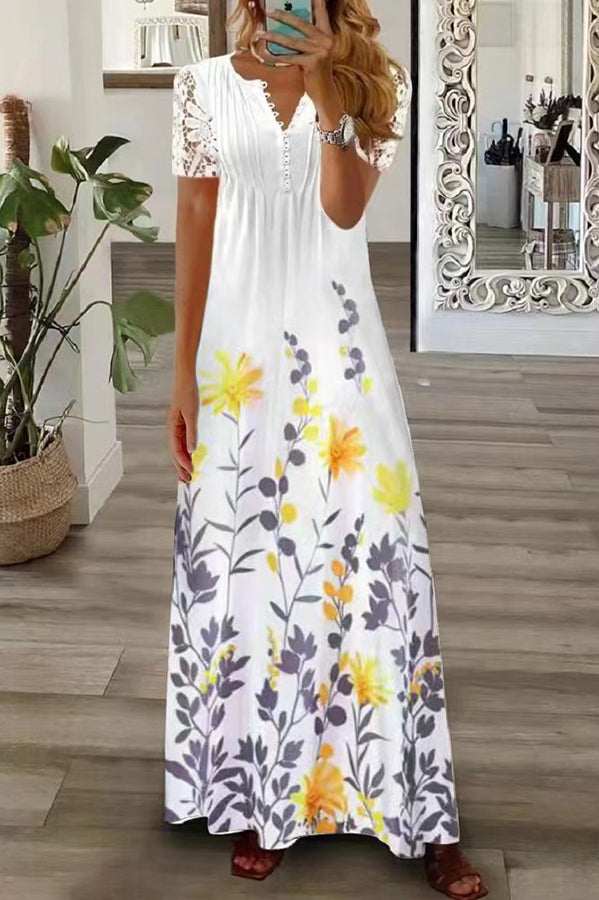 WW | Boho Floral V-Ausschnitt Knopf Spitzenärmel Ferien Strand Maxikleid