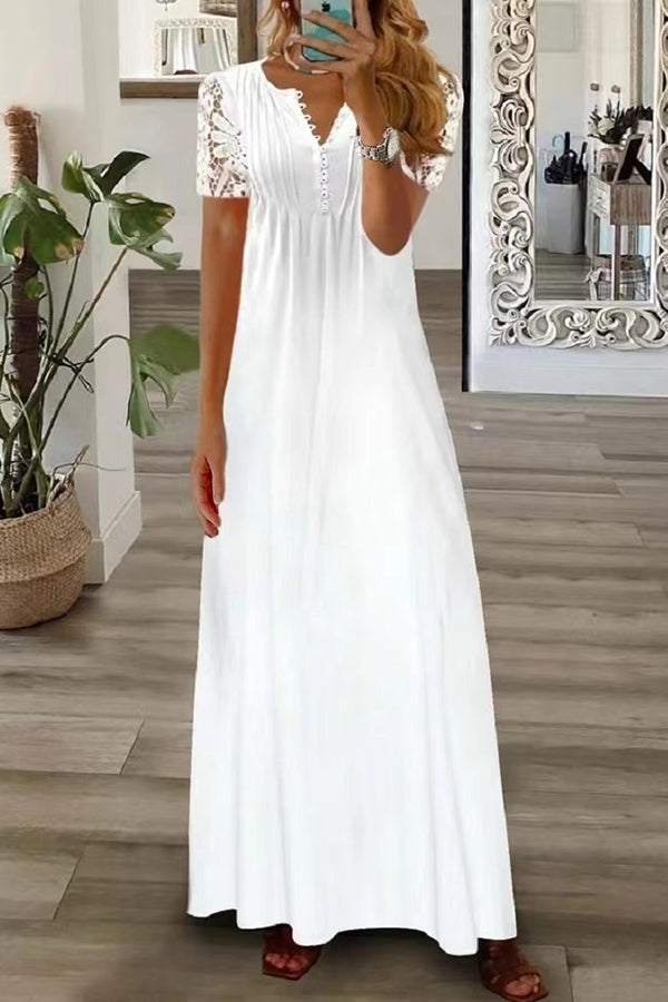 WW | Boho Floral V-Ausschnitt Knopf Spitzenärmel Ferien Strand Maxikleid