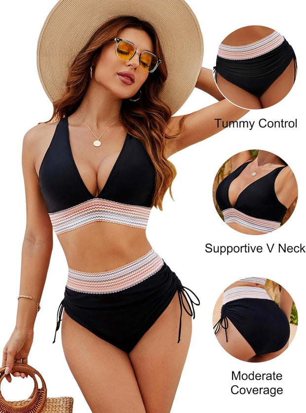 WW | Hoch Taillierte Bauchkontrolle Farbblock Bikini Sets