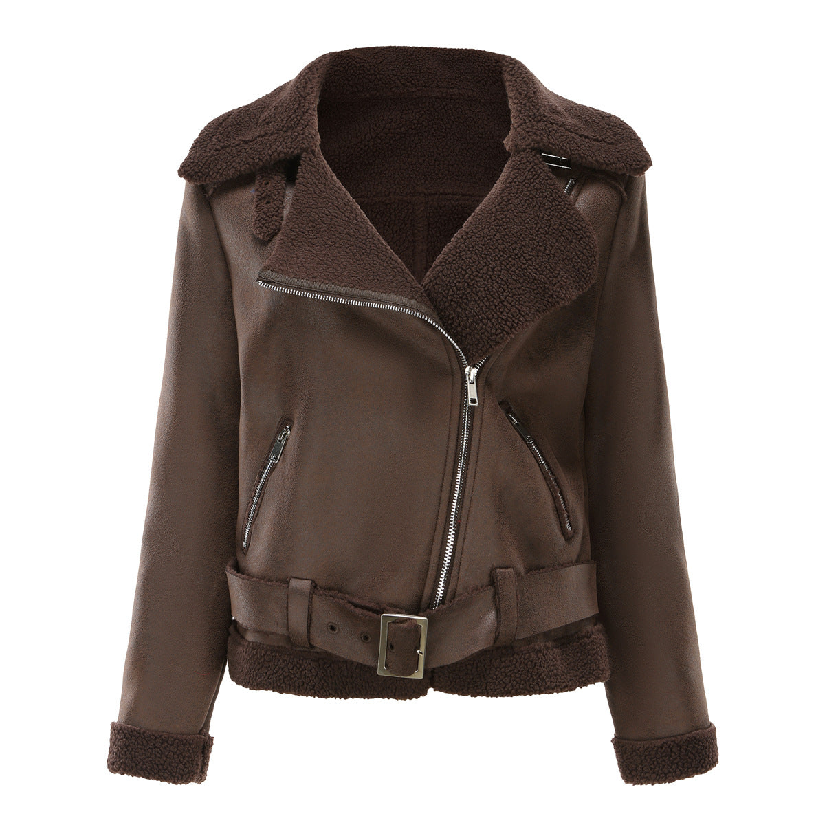 WW | Winterjacke aus Kunstwildleder mit Fell und Gürtel