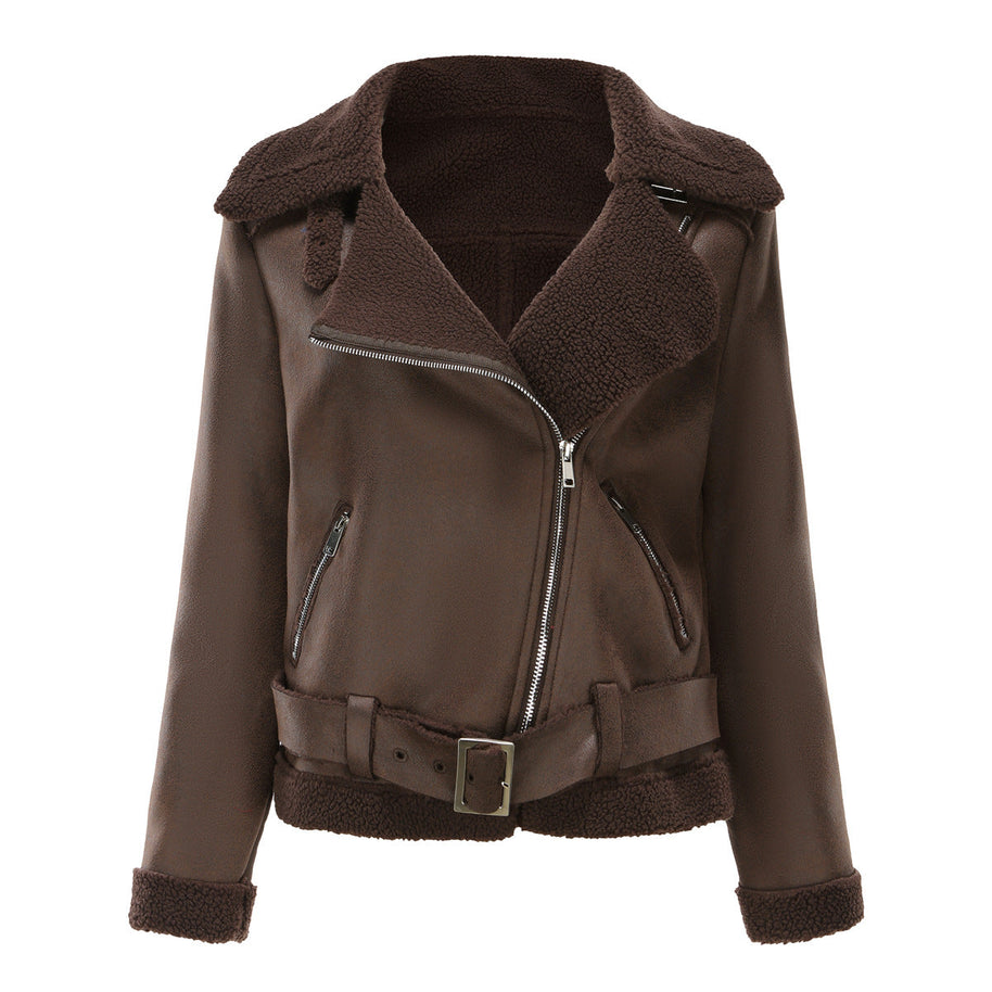 WW | Winterjacke aus Kunstwildleder mit Fell und Gürtel