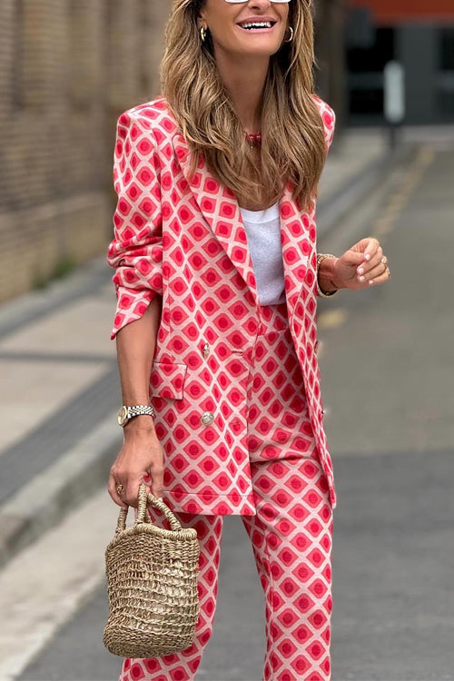 WW | Rosiedress Geometrischer Druck Revers Doppelt Knopf Blazer und Flare-Hosen Set