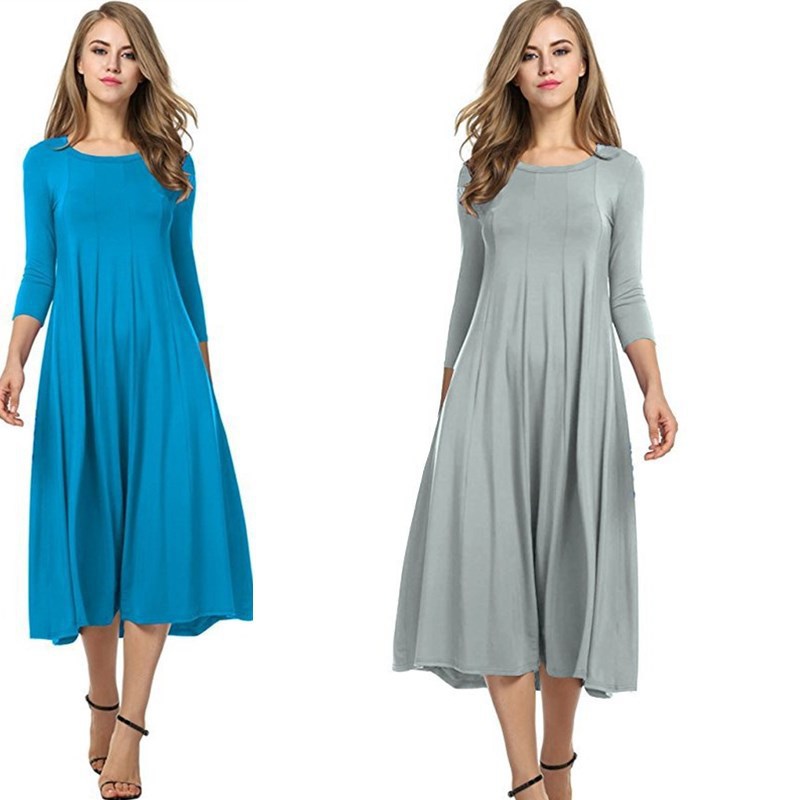 WW | Quadrat-Ausschnitt 3/4-Lange Uni-Farbe Midi-Kleid