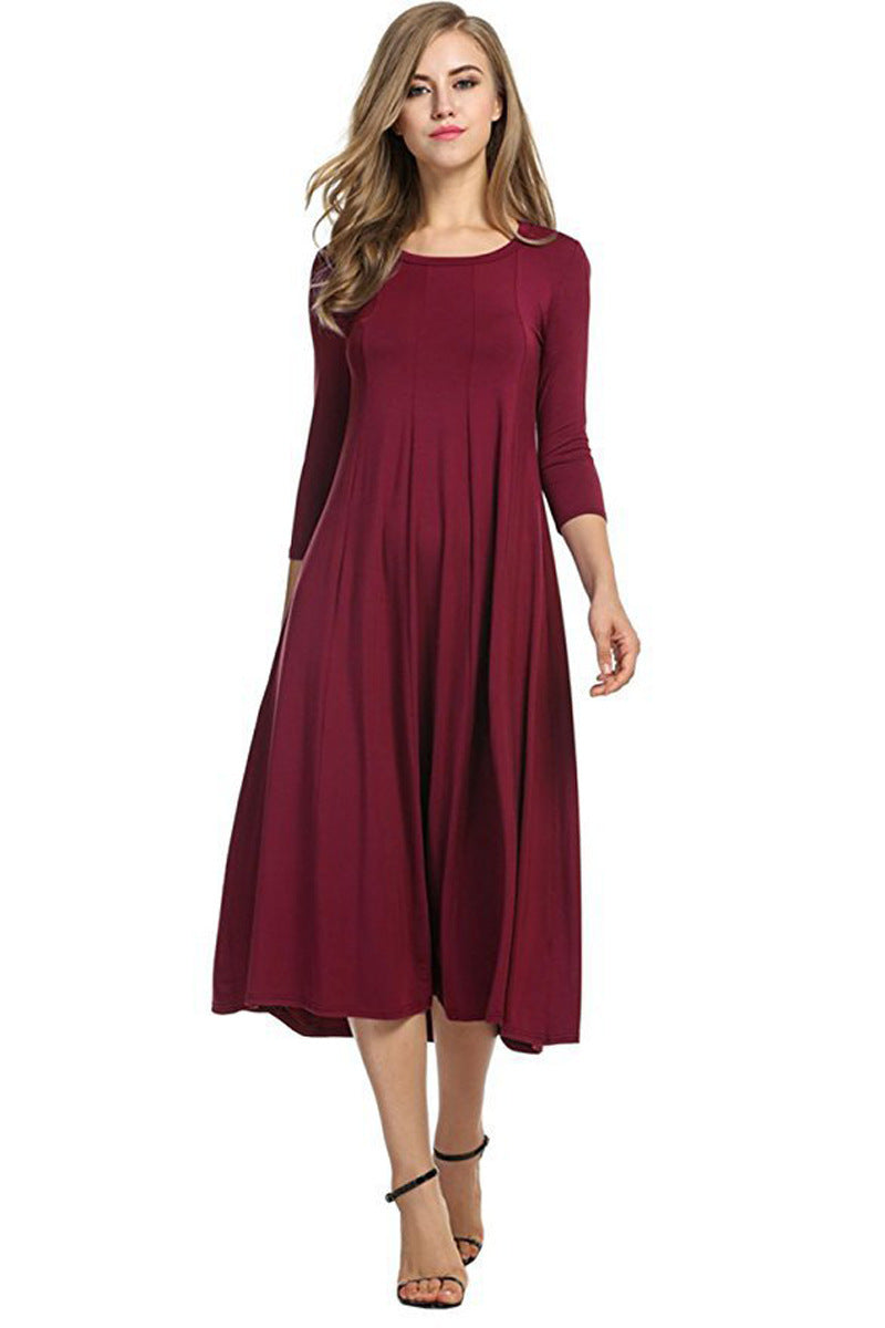 WW | Quadrat-Ausschnitt 3/4-Lange Uni-Farbe Midi-Kleid