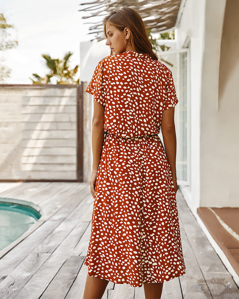 WW | Lässiger Polka Dot V-Ausschnitt Kurzarm Midi Kleid