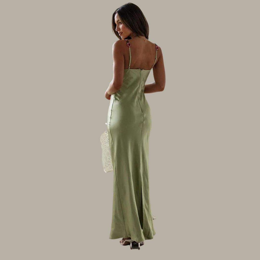 WW | Blume Bootsausschnitt Hoher Schlitz Satin Schlank Garten Party Slip Maxikleider