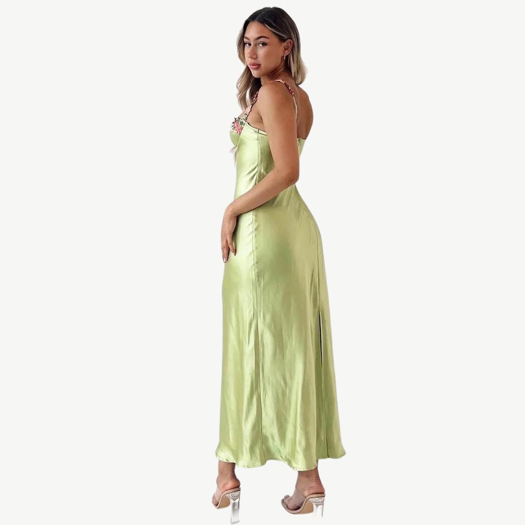 WW | Blume Bootsausschnitt Hoher Schlitz Satin Schlank Garten Party Slip Maxikleider