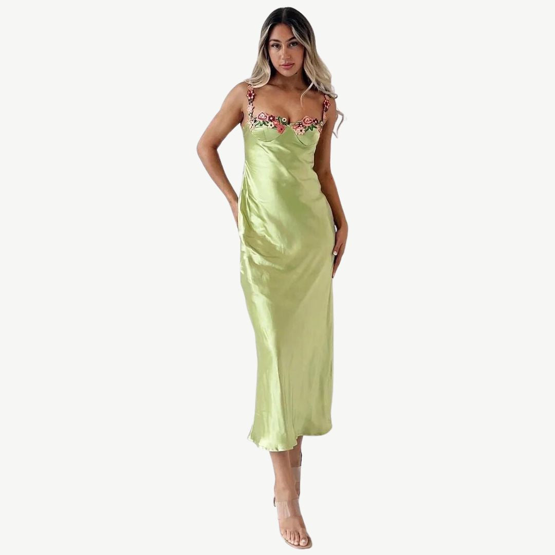 WW | Blume Bootsausschnitt Hoher Schlitz Satin Schlank Garten Party Slip Maxikleider