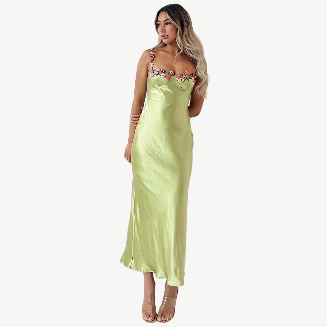 WW | Blume Bootsausschnitt Hoher Schlitz Satin Schlank Garten Party Slip Maxikleider