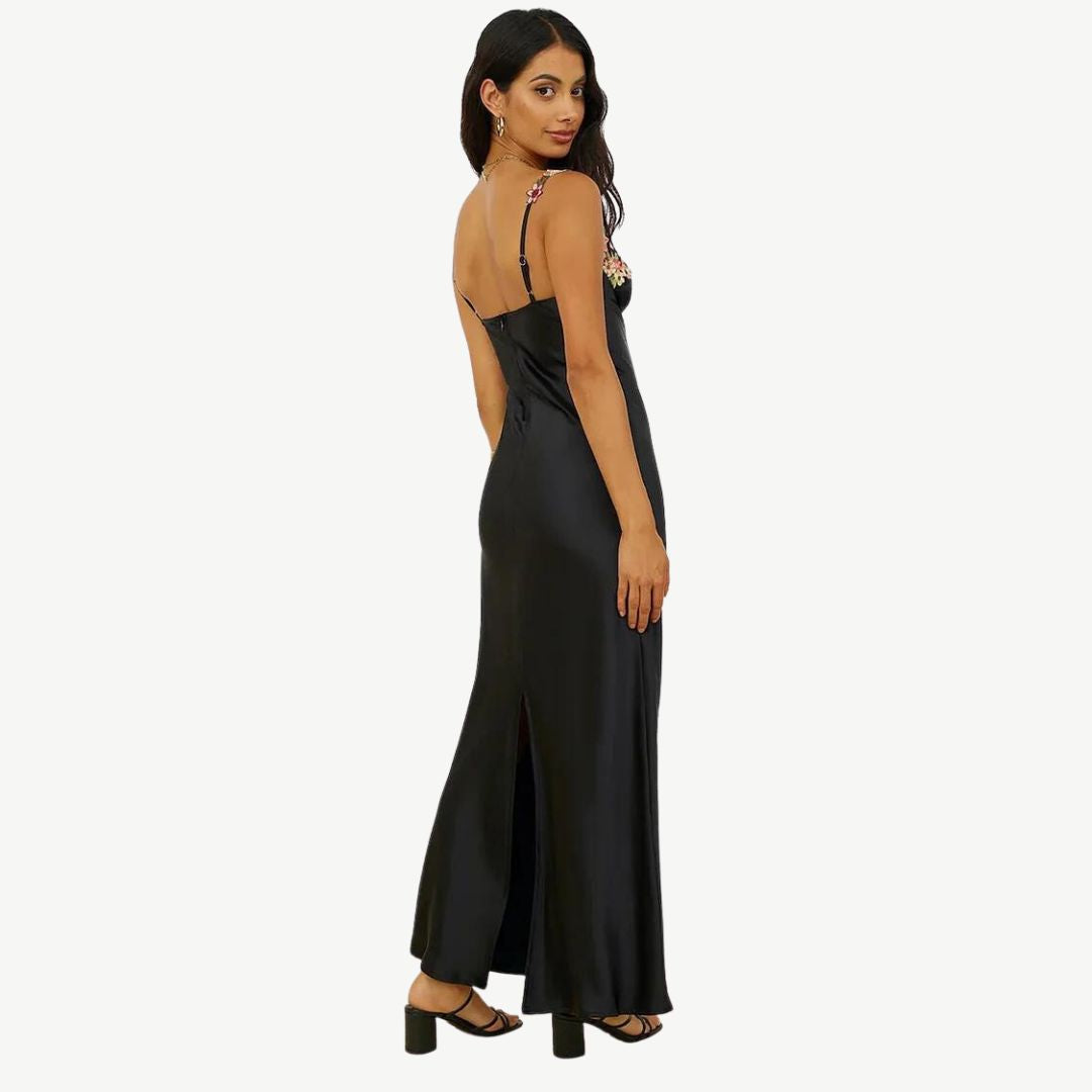 WW | Blume Bootsausschnitt Hoher Schlitz Satin Schlank Garten Party Slip Maxikleider