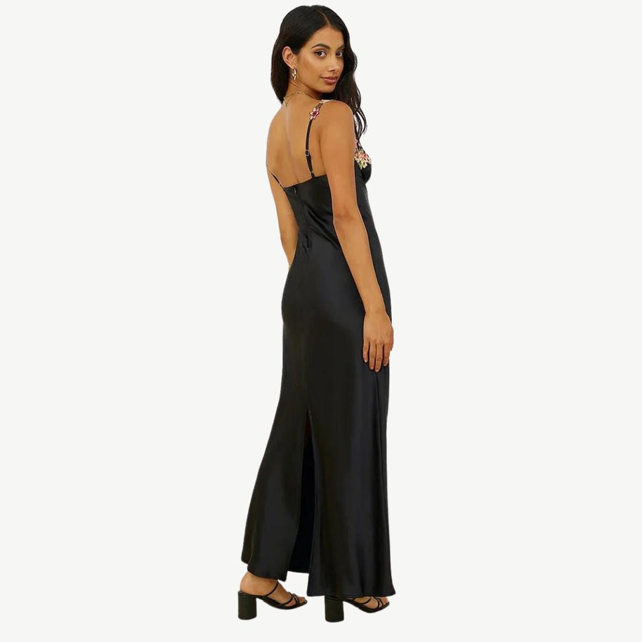WW | Blume Bootsausschnitt Hoher Schlitz Satin Schlank Garten Party Slip Maxikleider