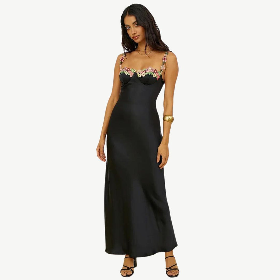 WW | Blume Bootsausschnitt Hoher Schlitz Satin Schlank Garten Party Slip Maxikleider