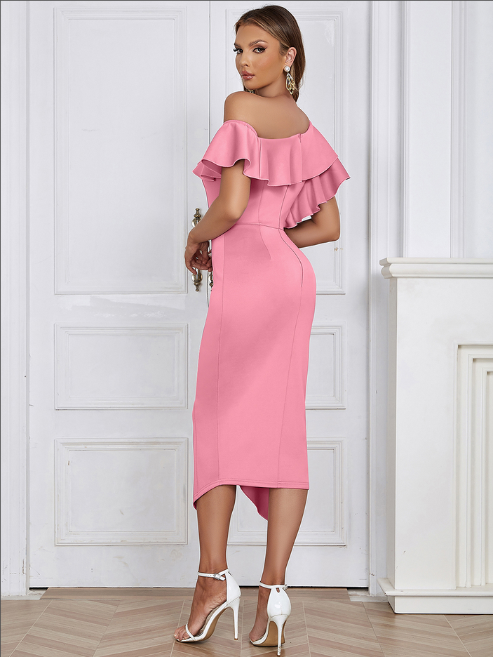 Asymmetrisches, figurbetontes Midikleid mit Rüschenkragen | Rosa