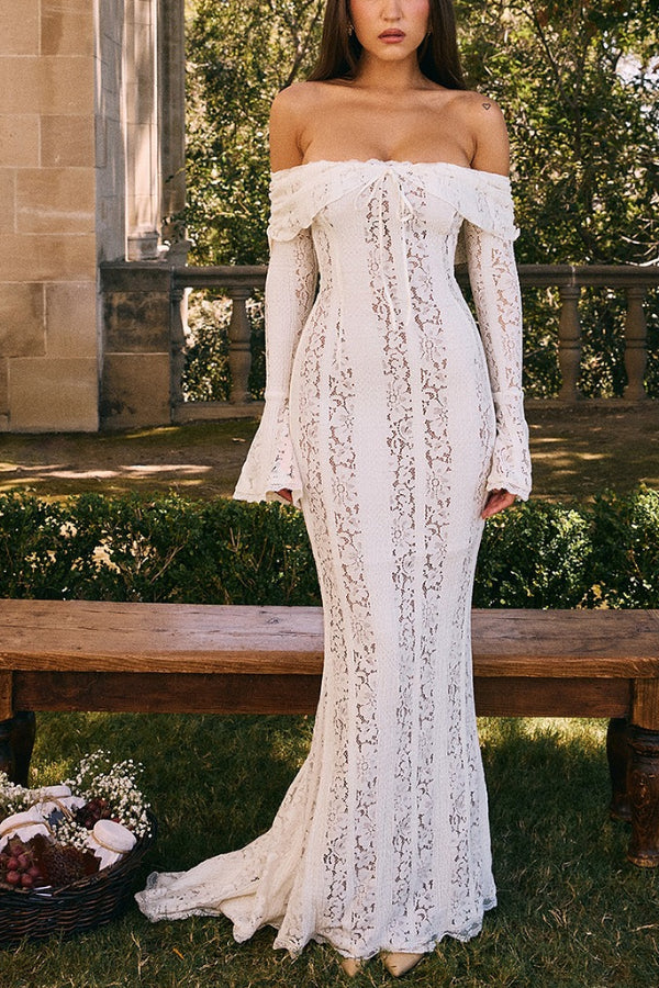WW | Blumen Spitze Off Shoulder Flare Ärmel Fishtail Maxi Kleider - Weiß