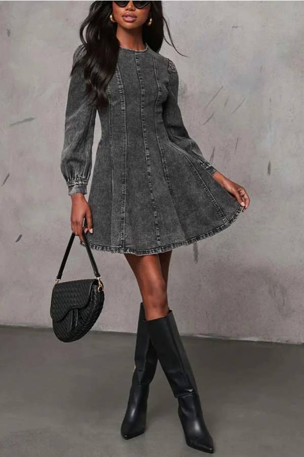 WW | Fade Into You Denim Prinzessinnenlinie Rückenreißverschluss Flare Stretch Mini Kleid