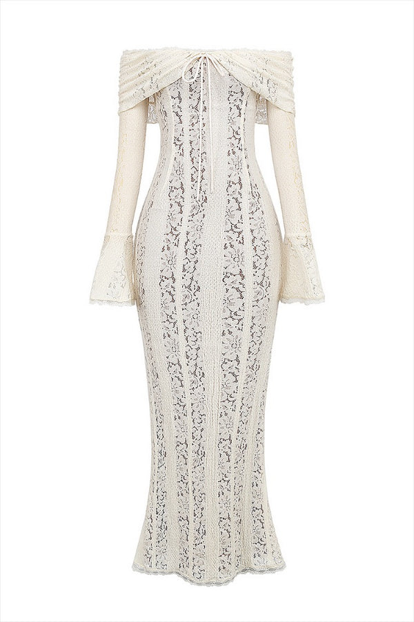 WW | Blumen Spitze Off Shoulder Flare Ärmel Fishtail Maxi Kleider - Weiß