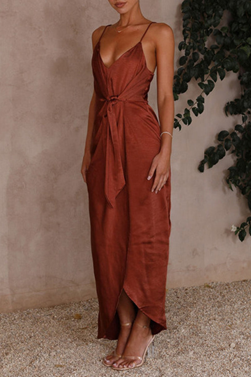 WW | Sexy Solid Frenulum Falten V-Ausschnitt Sling Kleid Kleider- 4 Farben