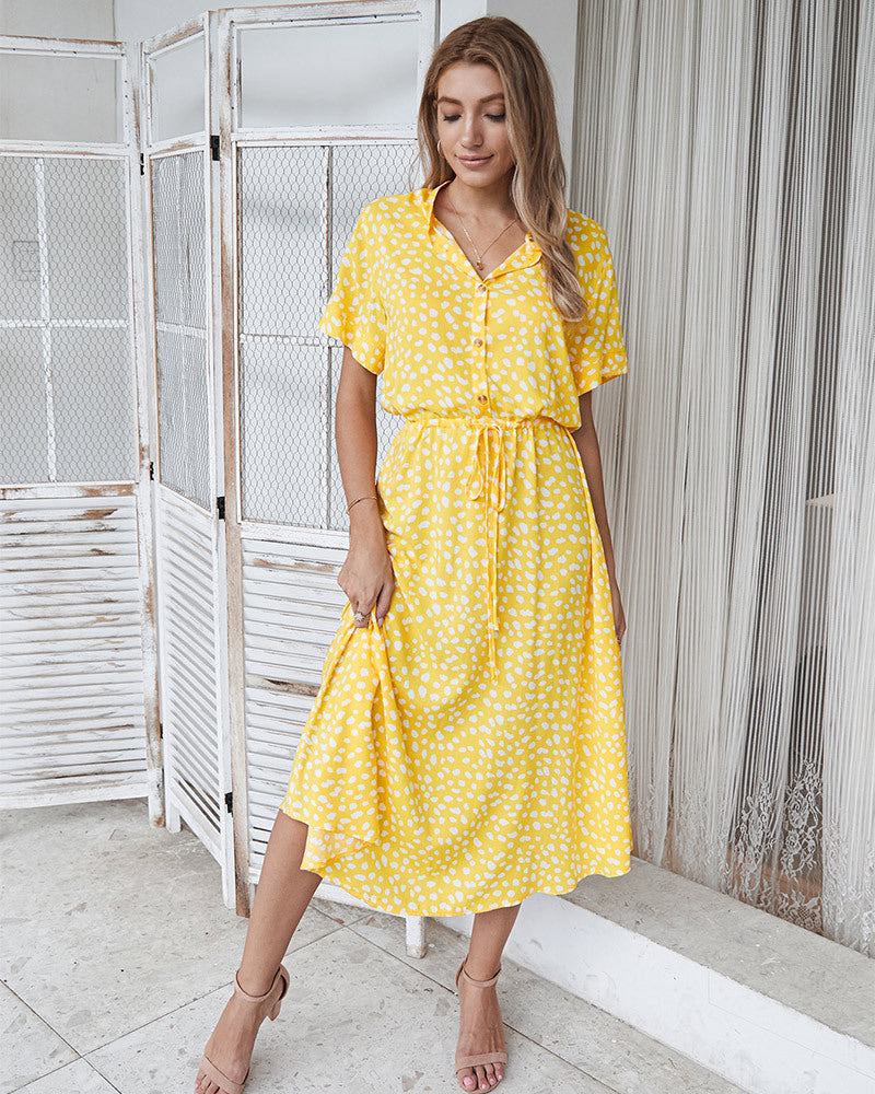 WW | Lässiger Polka Dot V-Ausschnitt Kurzarm Midi Kleid