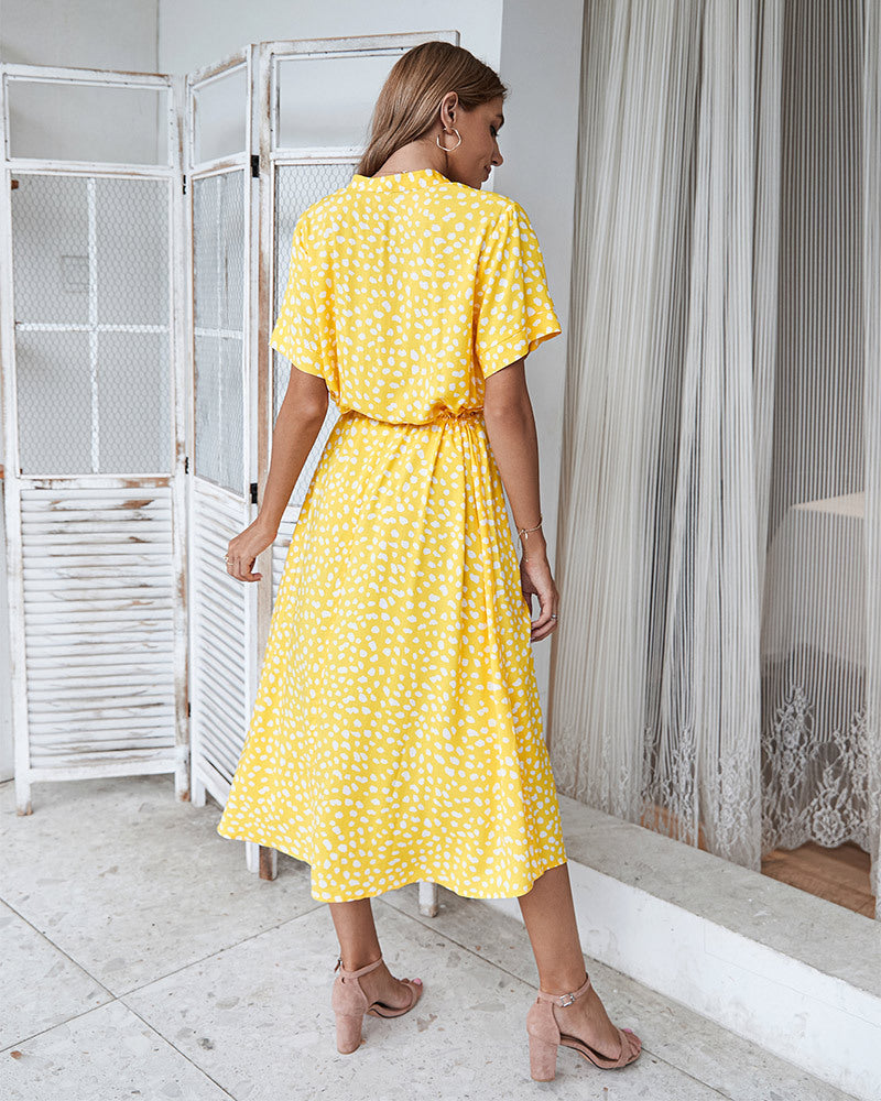 WW | Lässiger Polka Dot V-Ausschnitt Kurzarm Midi Kleid