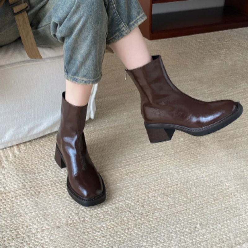 WW | Stilvolle Leder Ankle Boots mit Blockabsatz für Damen Damen Ankle Boots