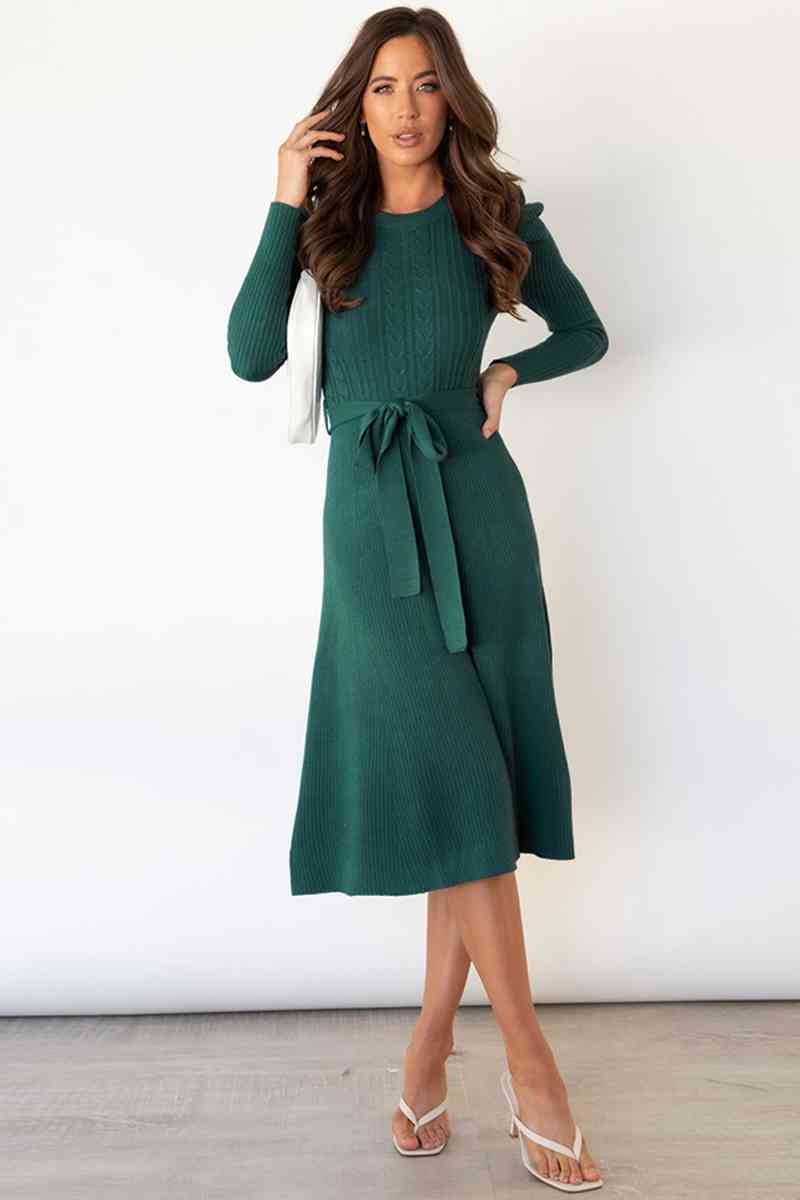 WW | Rundhalsausschnitt Langarm Knoten Taille Pullover Kleid