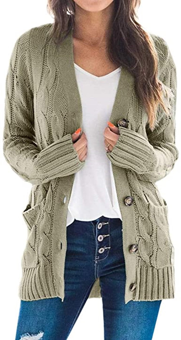 Damen Strickjacke mit grobem Zopfdesign und praktischen Taschen WW