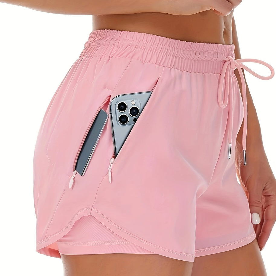 WW | Sportliche 2 in 1 Lauf Fitnessshorts in Einfarbig Mit Mehreren Taschen