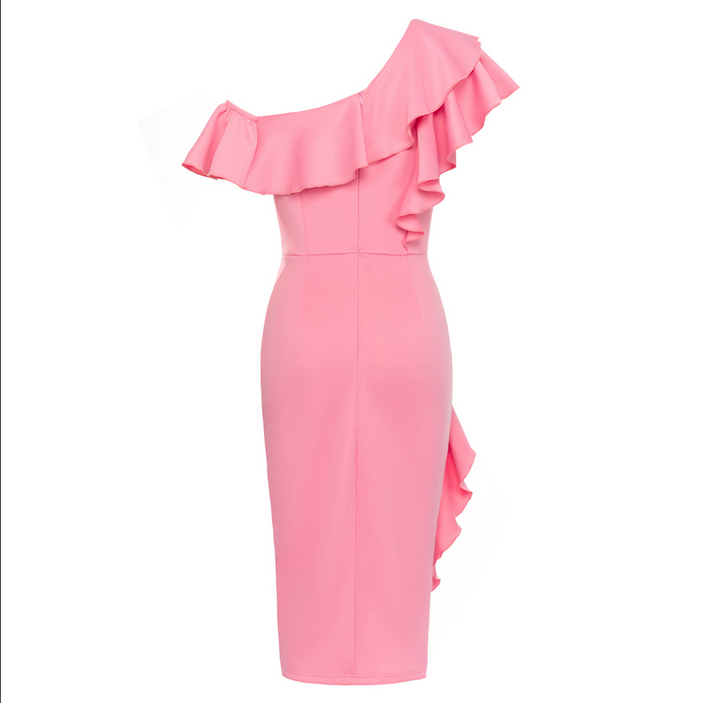 Asymmetrisches, figurbetontes Midikleid mit Rüschenkragen | Rosa