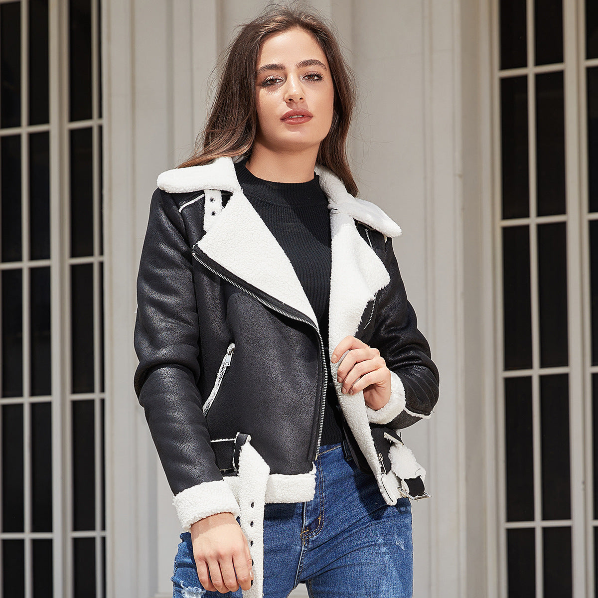 WW | Winterjacke aus Kunstwildleder mit Fell und Gürtel