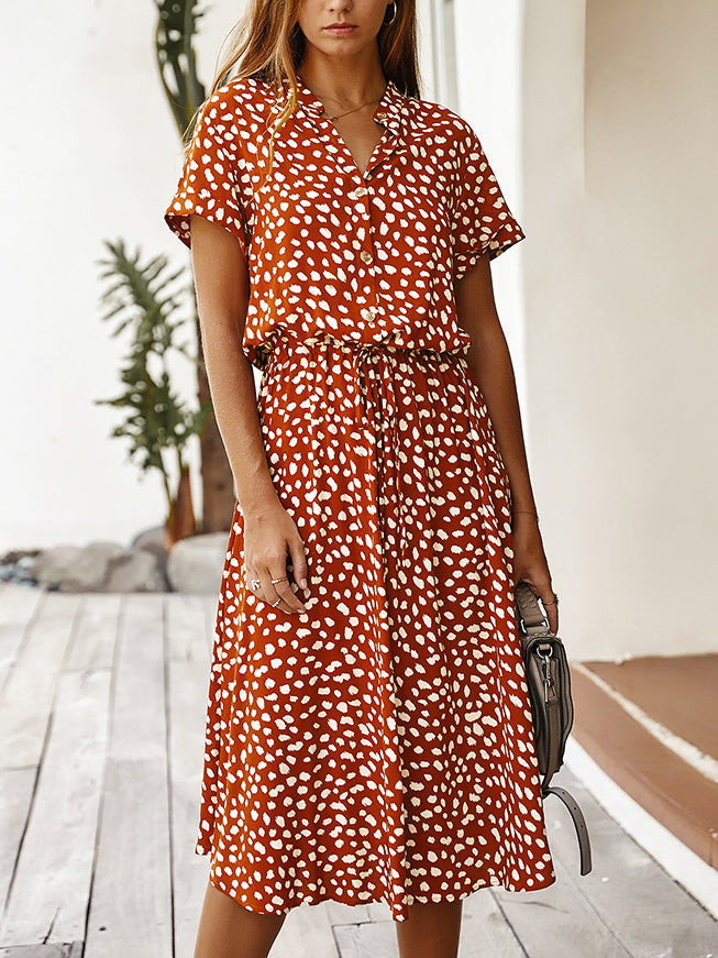 WW | Lässiger Polka Dot V-Ausschnitt Kurzarm Midi Kleid