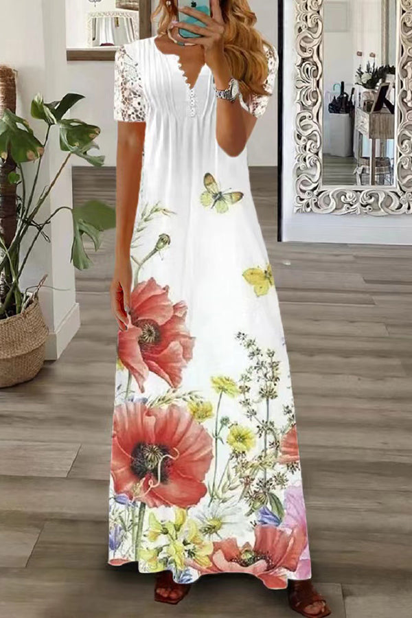 WW | Boho Floral V-Ausschnitt Knopf Spitzenärmel Ferien Strand Maxikleid