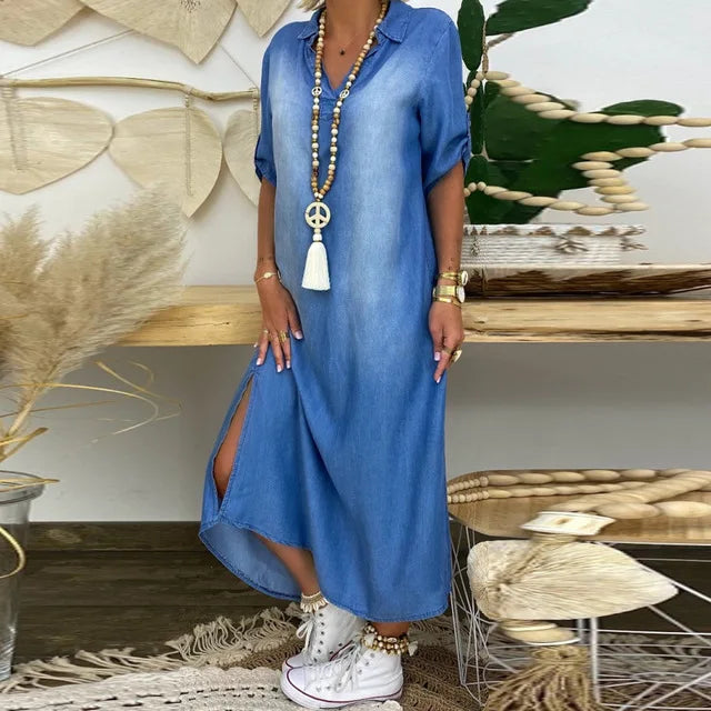 WW | Lässiges Denim Maxikleid Mit Kragen Für Damen