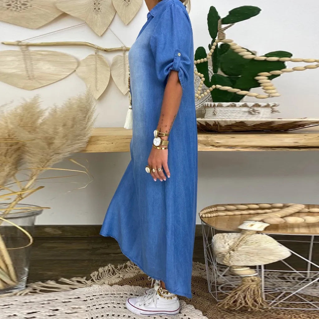 WW | Lässiges Denim Maxikleid Mit Kragen Für Damen