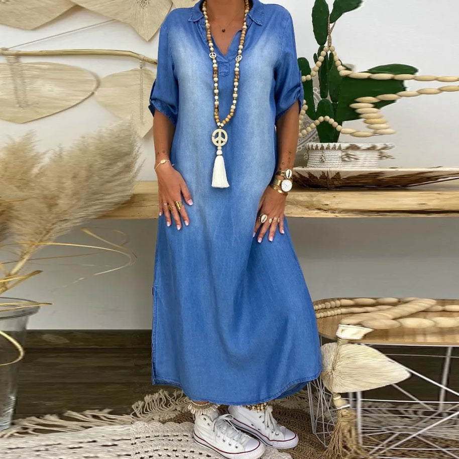 WW | Lässiges Denim Maxikleid Mit Kragen Für Damen