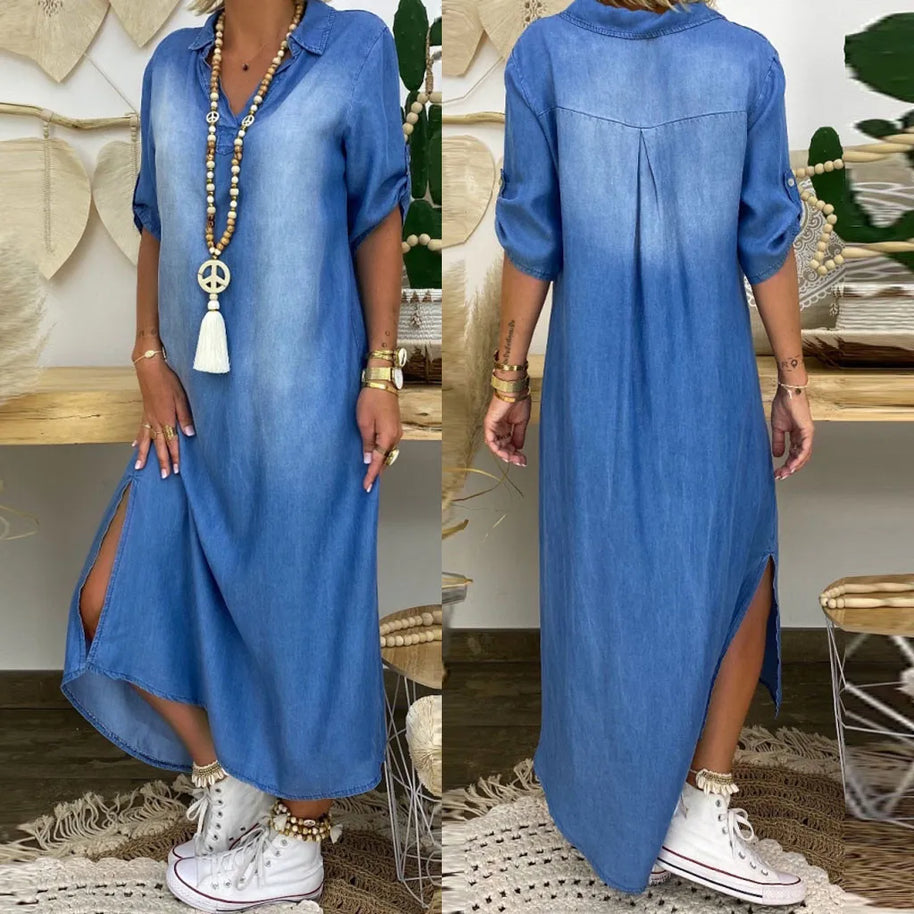 WW | Lässiges Denim Maxikleid Mit Kragen Für Damen