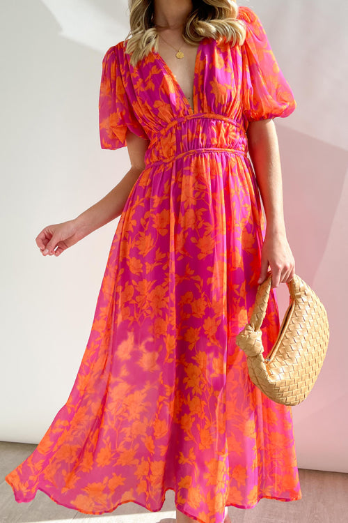 WW | Real Love Print Puffärmel Maxi Kleid