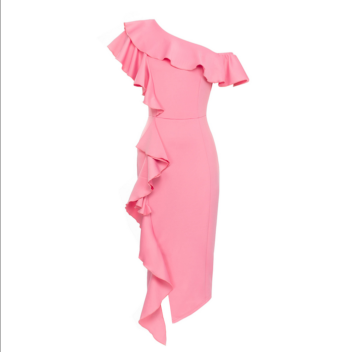Asymmetrisches, figurbetontes Midikleid mit Rüschenkragen | Rosa