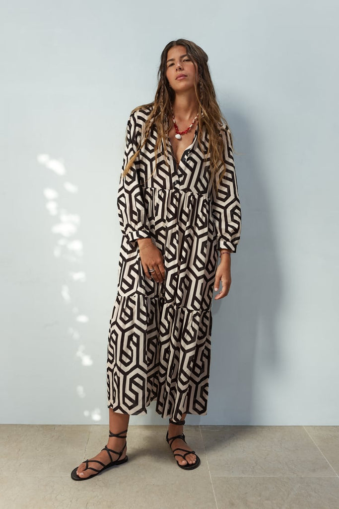 WW | Langarm Maxikleid mit Geometrischem Druck für Frauen Winsett