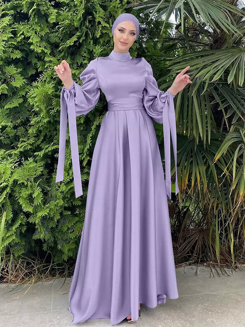 WW | Elegantes Frauen Muslimisch Islamisch Saati Grosgrain Einfarbig Maxi Kleid Mit Gürtel