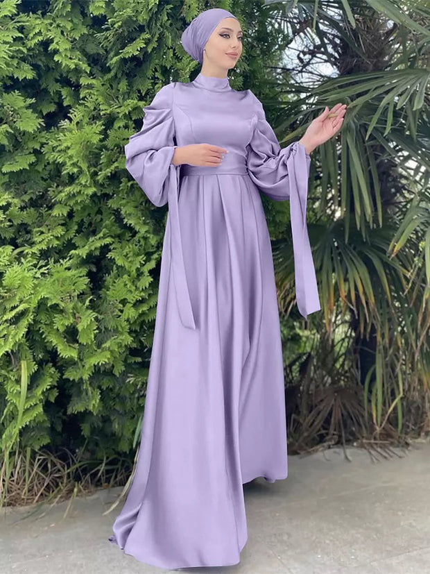 WW | Elegantes Frauen Muslimisch Islamisch Saati Grosgrain Einfarbig Maxi Kleid Mit Gürtel