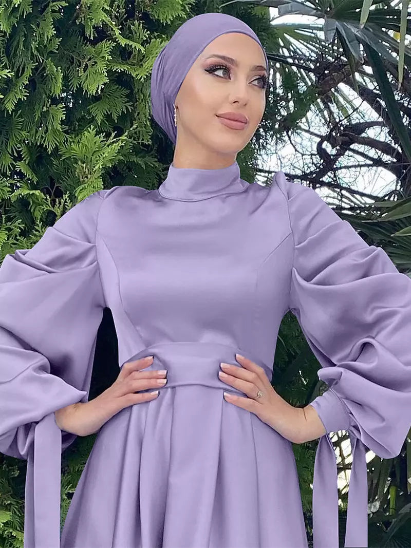 WW | Elegantes Frauen Muslimisch Islamisch Saati Grosgrain Einfarbig Maxi Kleid Mit Gürtel