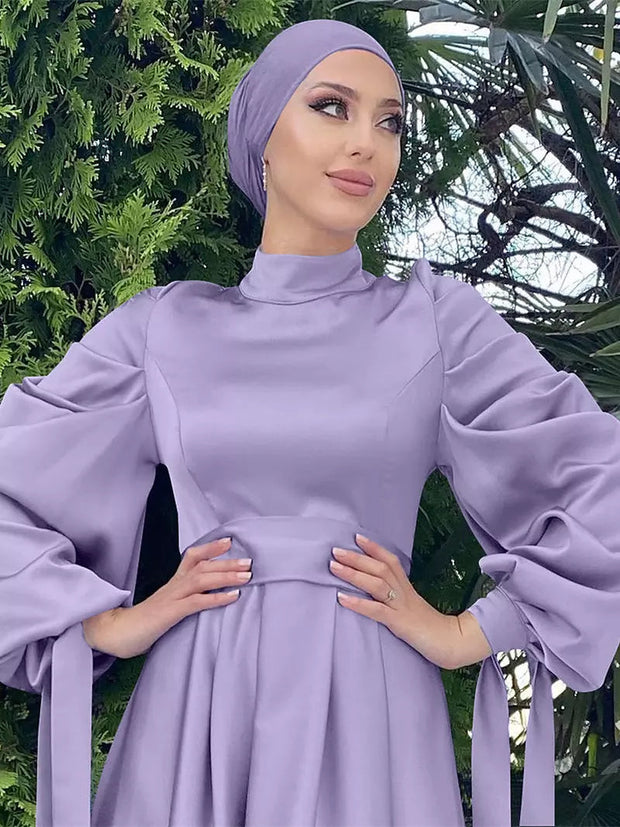 WW | Elegantes Frauen Muslimisch Islamisch Saati Grosgrain Einfarbig Maxi Kleid Mit Gürtel