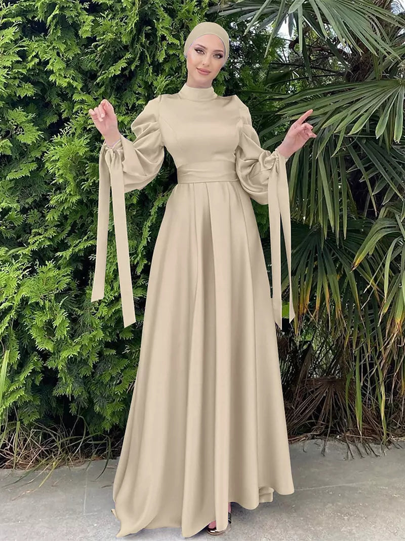 WW | Elegantes Frauen Muslimisch Islamisch Saati Grosgrain Einfarbig Maxi Kleid Mit Gürtel