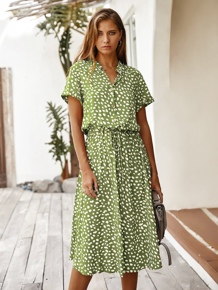 WW | Lässiger Polka Dot V-Ausschnitt Kurzarm Midi Kleid