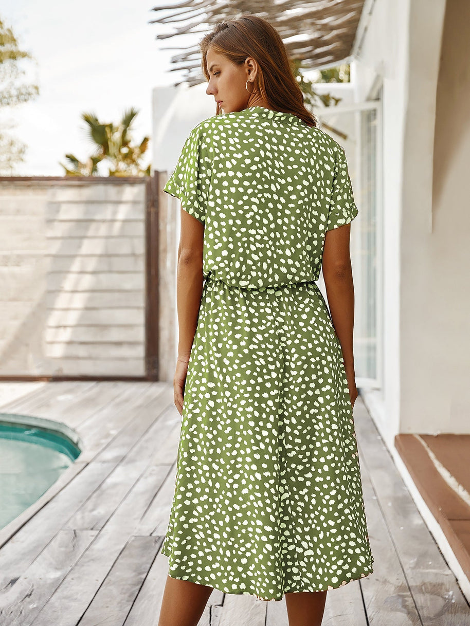 WW | Lässiger Polka Dot V-Ausschnitt Kurzarm Midi Kleid