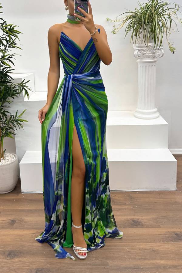 WW | In A Dreamland Chiffon Floral Print Off Shoulder Pleated Scarf Slit Maxi Kleid