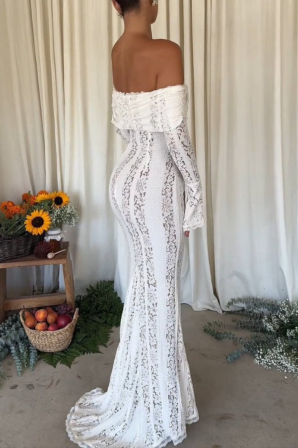 WW | Blumen Spitze Off Shoulder Flare Ärmel Fishtail Maxi Kleider - Weiß