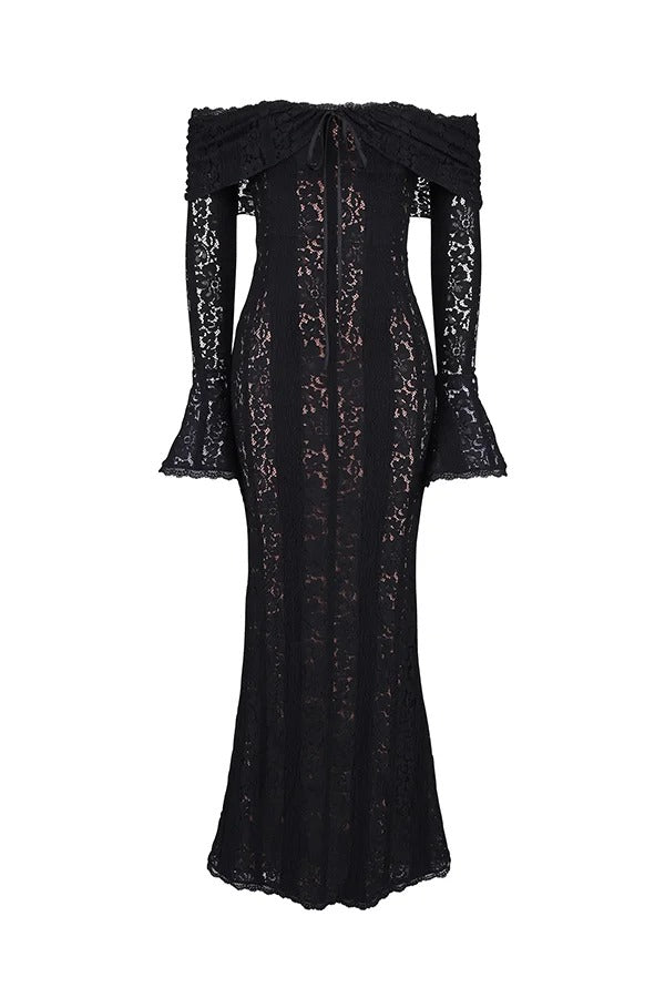 WW | Blumen Spitze Off Shoulder Flare Ärmel Fishtail Maxi Kleider - Weiß